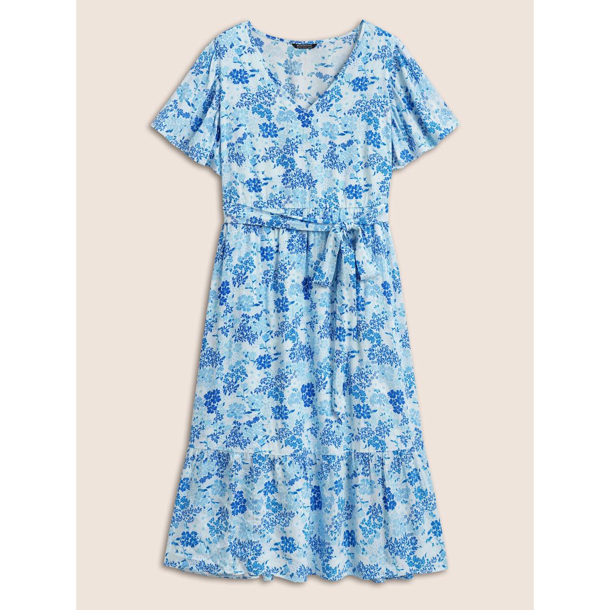 Plus Size V Neck Floral Ruffles Tie Knot Dress Skyblue Women Elegant Tie knot V-neck Short sleeve Curvy Midi Dress BloomChic 22-24/3X Product Image