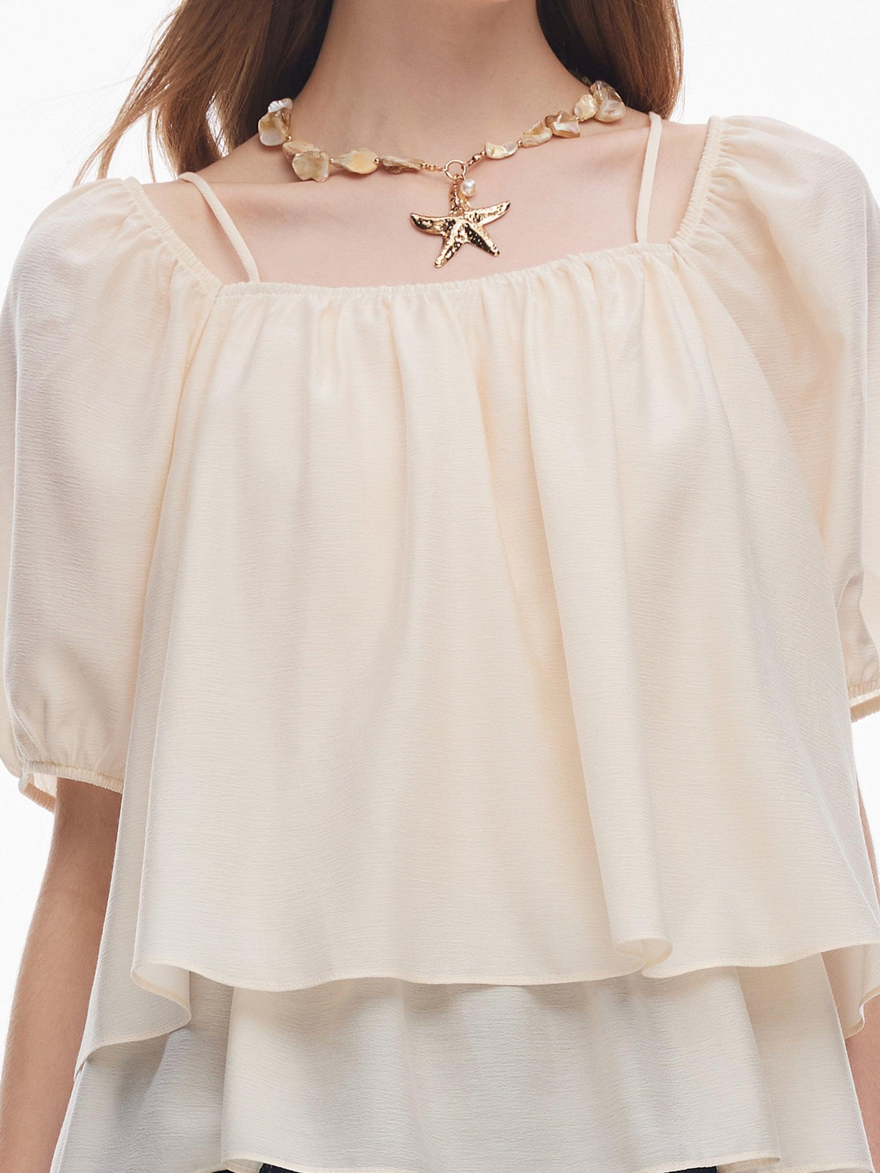 Acetate Blend Convertible Neckline Women Ruffle Hem Top Product Image