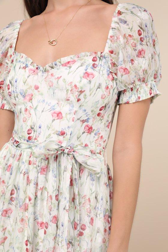 Galiena Ivory Floral Tiered Puff Sleeve Midi Dress Product Image