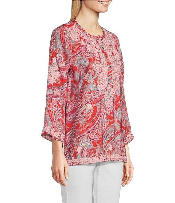 Calessa Petite Size Woven Embroidered Printed Split V-Neck Wrist Length Sleeve Tunic Product Image