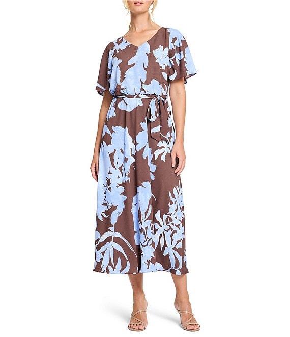 NIC + ZOE Cloud Blossom Brooke V-Neck Elbow Sleeve Midi Dress Product Image