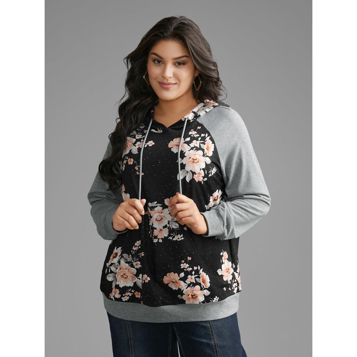 Plus Size Floral Patchwork Hooded Drawstring Sweatshirt Women DarkGray Casual Contrast Hooded Everyday Sweatshirts BloomChic 10/M Product Image