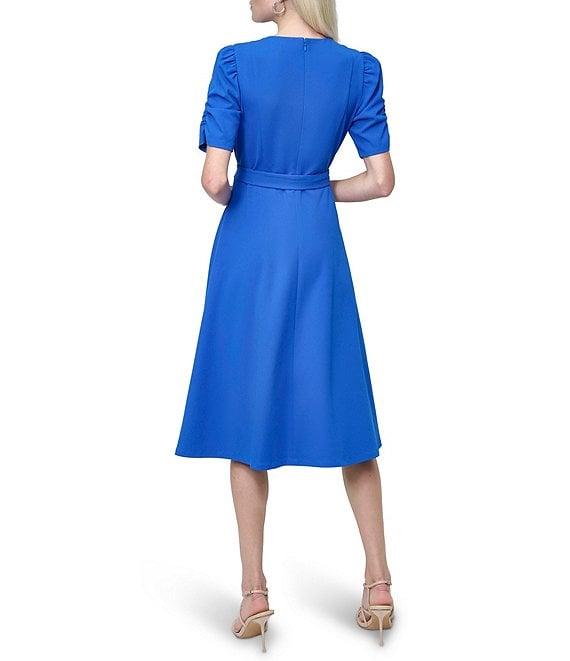 DKNY by Donna Karan Stretch Crew Neck Short Ruched Sleeve Fit and Flare Midi Dress Product Image
