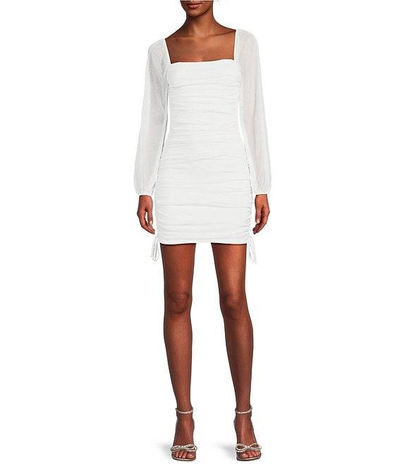 Jump Glitter Square Neck Ruched Long Sleeves With Ties At Hemline Dress Product Image