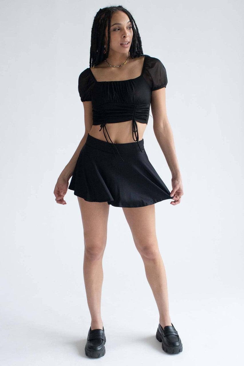 Black Mesh Milkmaid Cinched Cropped Top Product Image