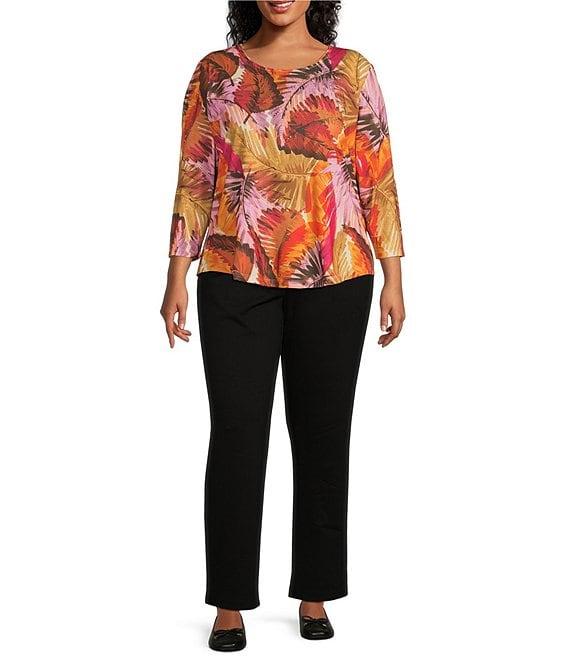 Allison Daley Plus Size Burnt Ochre Leafy Toss Print Embellished 3/4 Ruched Sleeve Crew Neck Knit Top Product Image