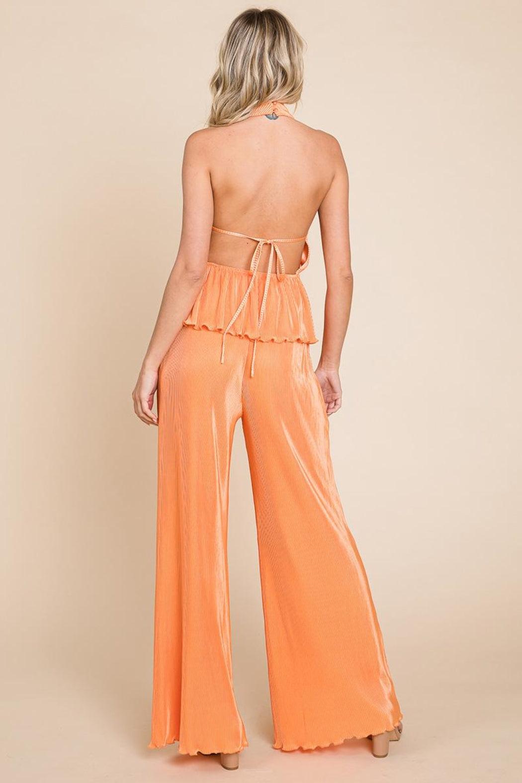 Pleated Backless Halter Tank & Wide Leg Pants Sets Product Image