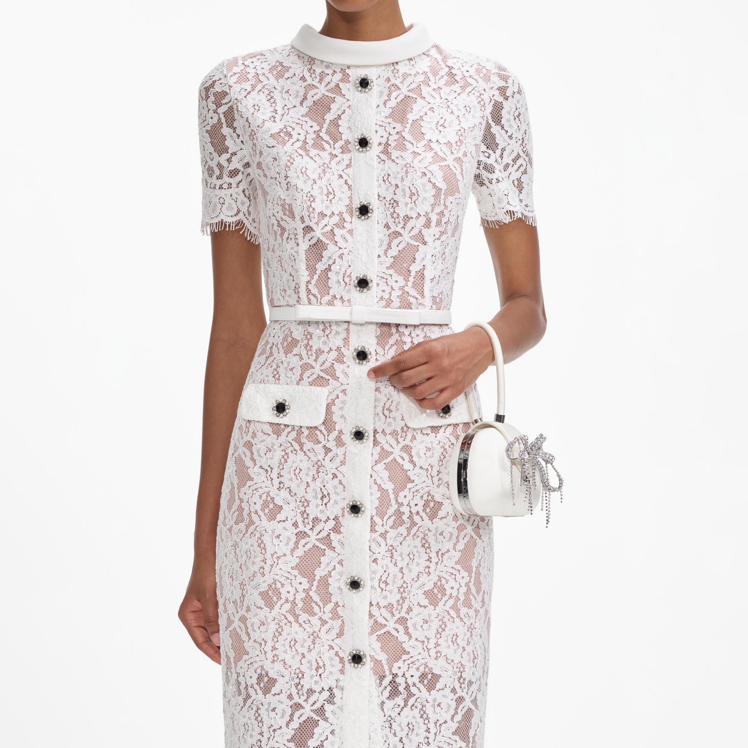 White Lace Button Midi Dress Product Image
