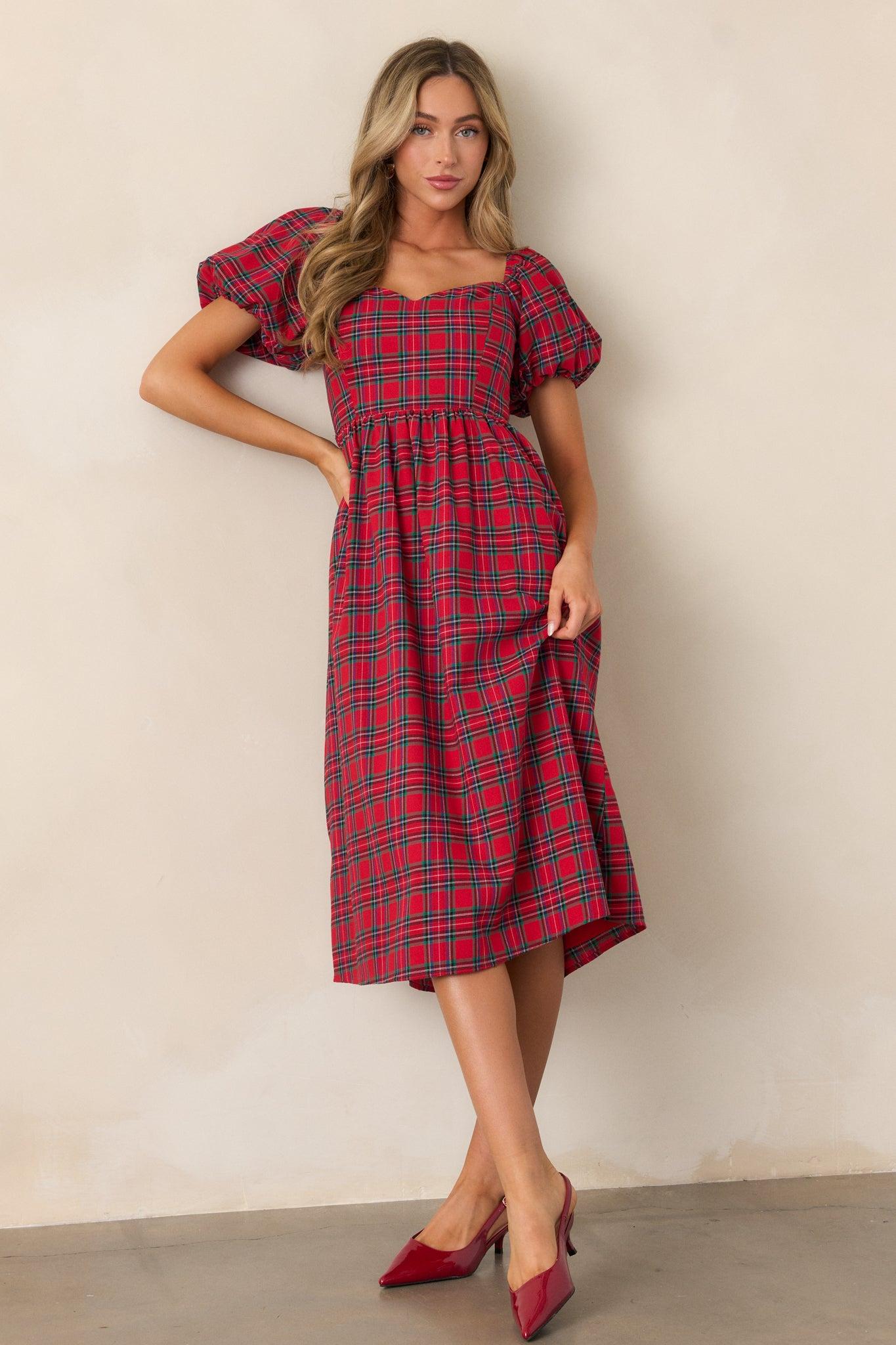 Always You Cotton Red Plaid Puff Sleeve Midi Dress Product Image