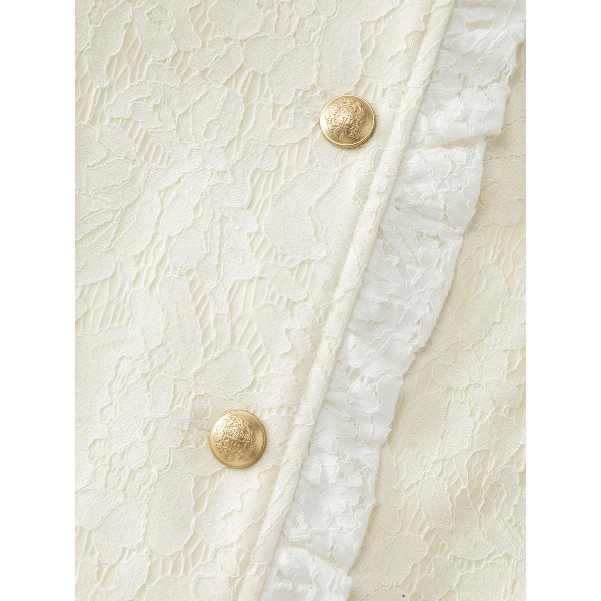 Plus Size Lace Trim Metal Buttons Blazer Ivory Women Elegant Sleeve Long Sleeve Round Neck 14-16/1X Patch pocket Retro Blazers BloomChic Product Image