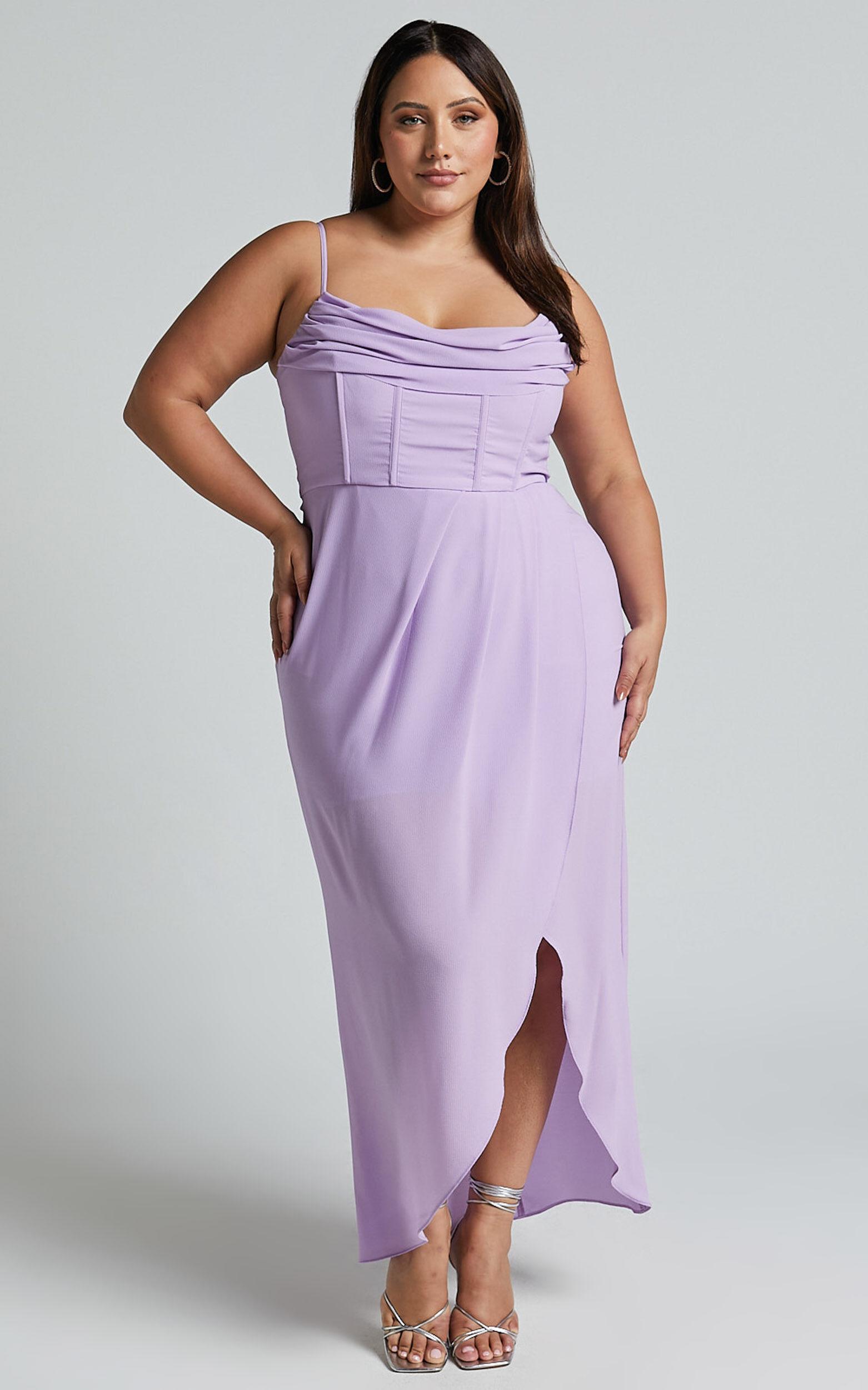 Andrina Midi Dress - High Low Wrap Corset Dress in Lilac Product Image