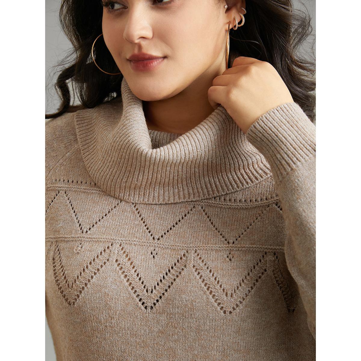 Plus Size Supersoft Essentials Anti-Pilling Turtle Neck Eyelet Pullover LightBrown Women Casual Loose Long Sleeve Turtleneck Dailywear Pullovers BloomChic 12/L Product Image