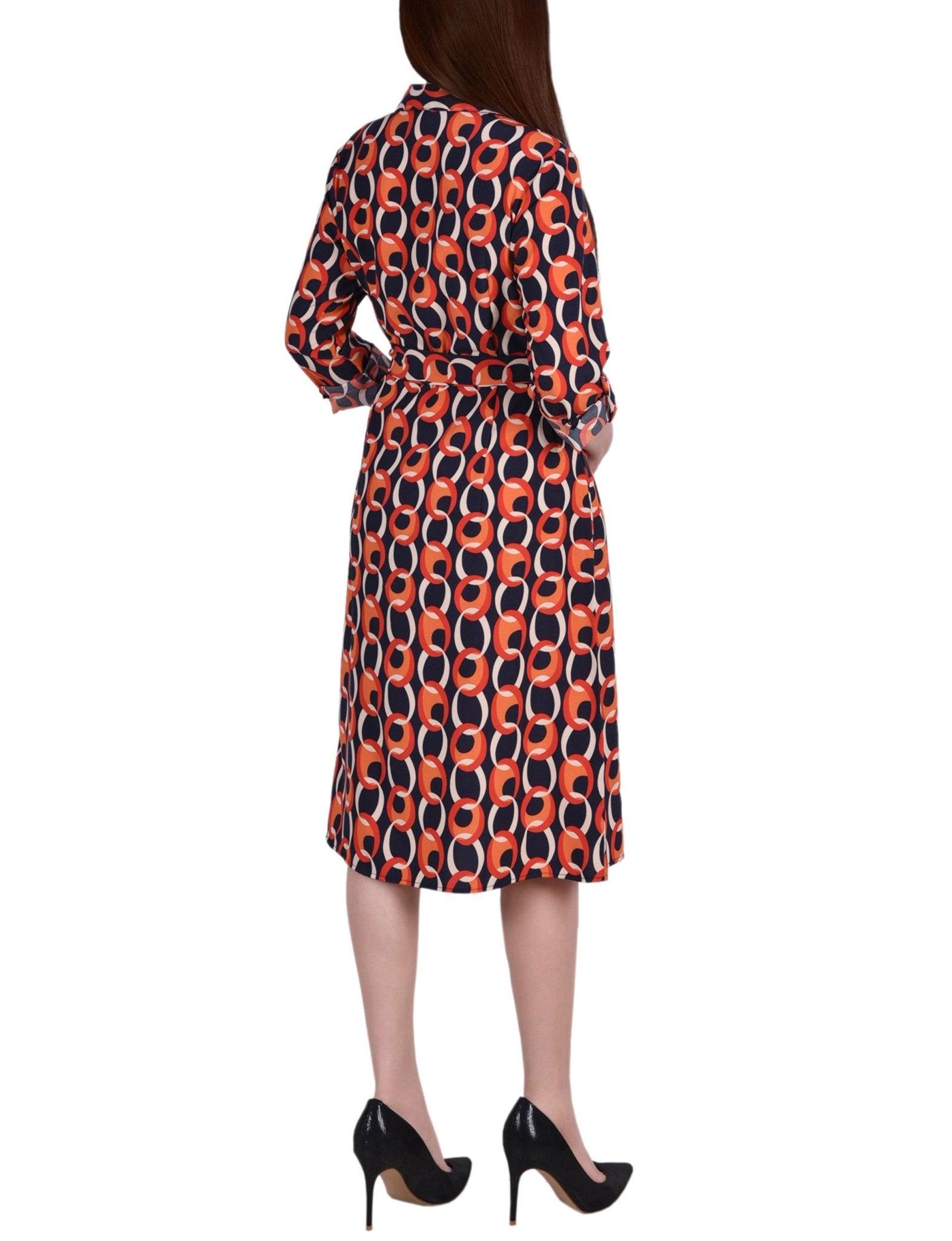 Cypress Inca Gold Navy Zigzag 3/4 Roll Tab Sleeve Belted Shirtdress - Petite Product Image