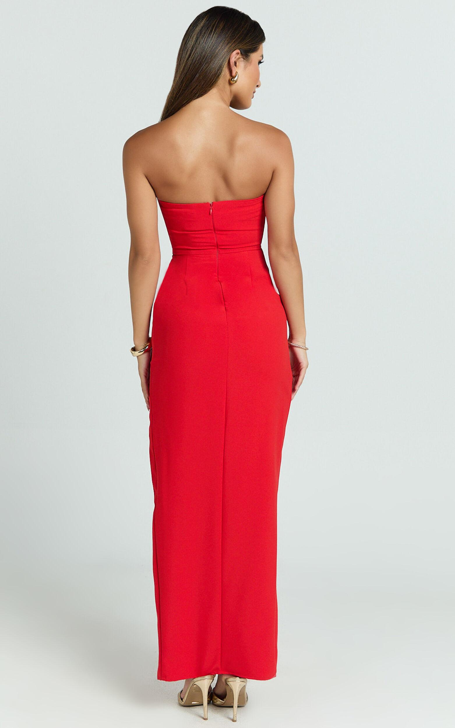 Ebby Maxi Dress - Strapless Rosette Thigh Split Dress in Red Product Image