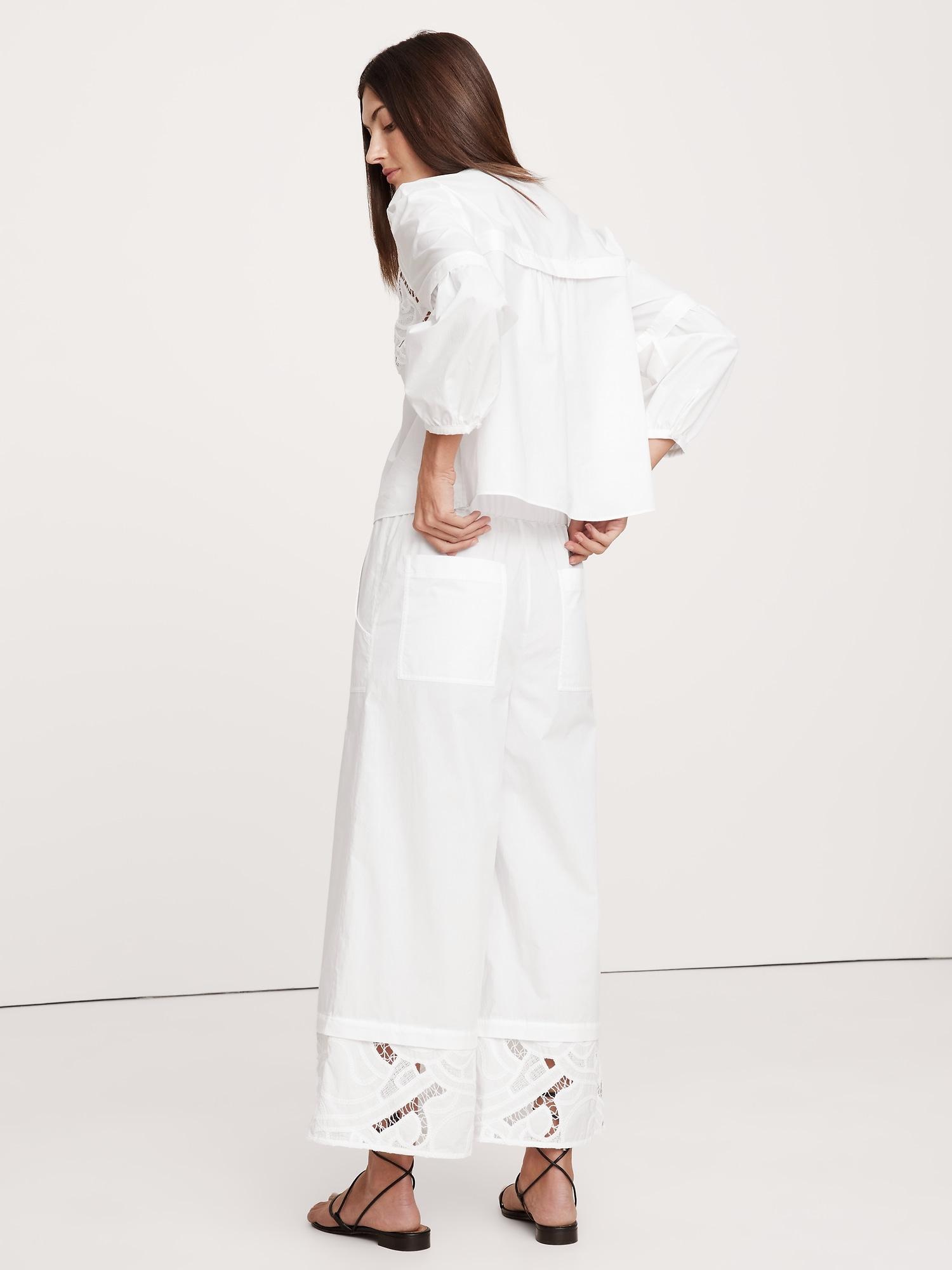 High-Rise Wide-Leg Embroidered Cotton Poplin Cropped Pull-On Pant Product Image