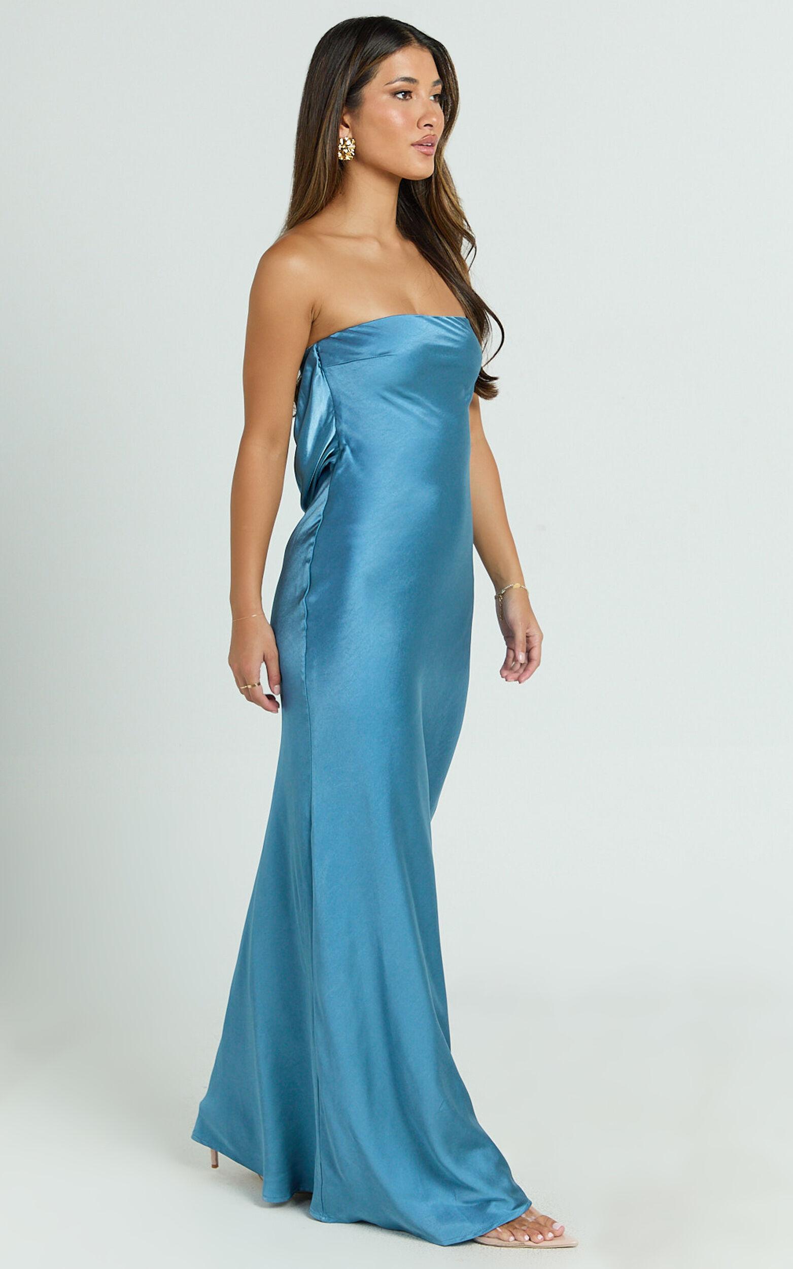 Charlita Maxi Dress - Strapless Cowl Back Satin Dress in Steel Blue Product Image