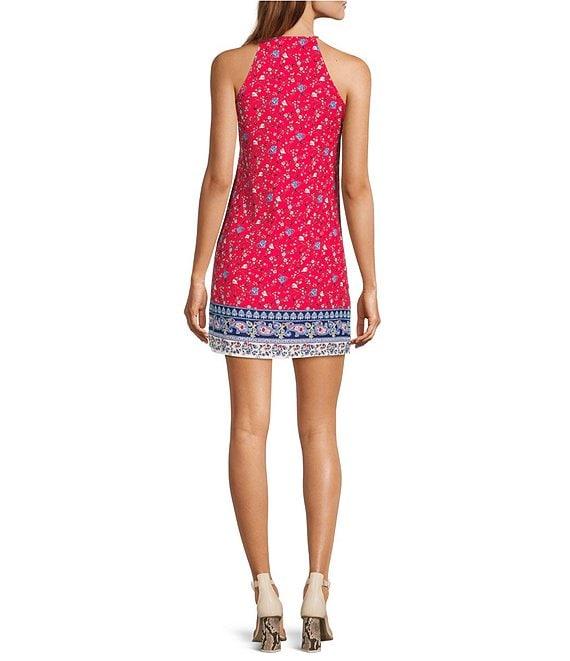 Skies Are Blue Border Floral Print Halter Split-Neck Sleeveless Shift Dress Product Image