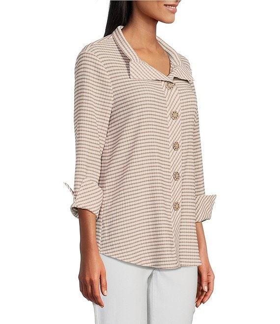 Multiples Crinkle Woven Printed Wire Neck 3/4 Turn-Up Sleeve Button-Front Shirt Product Image