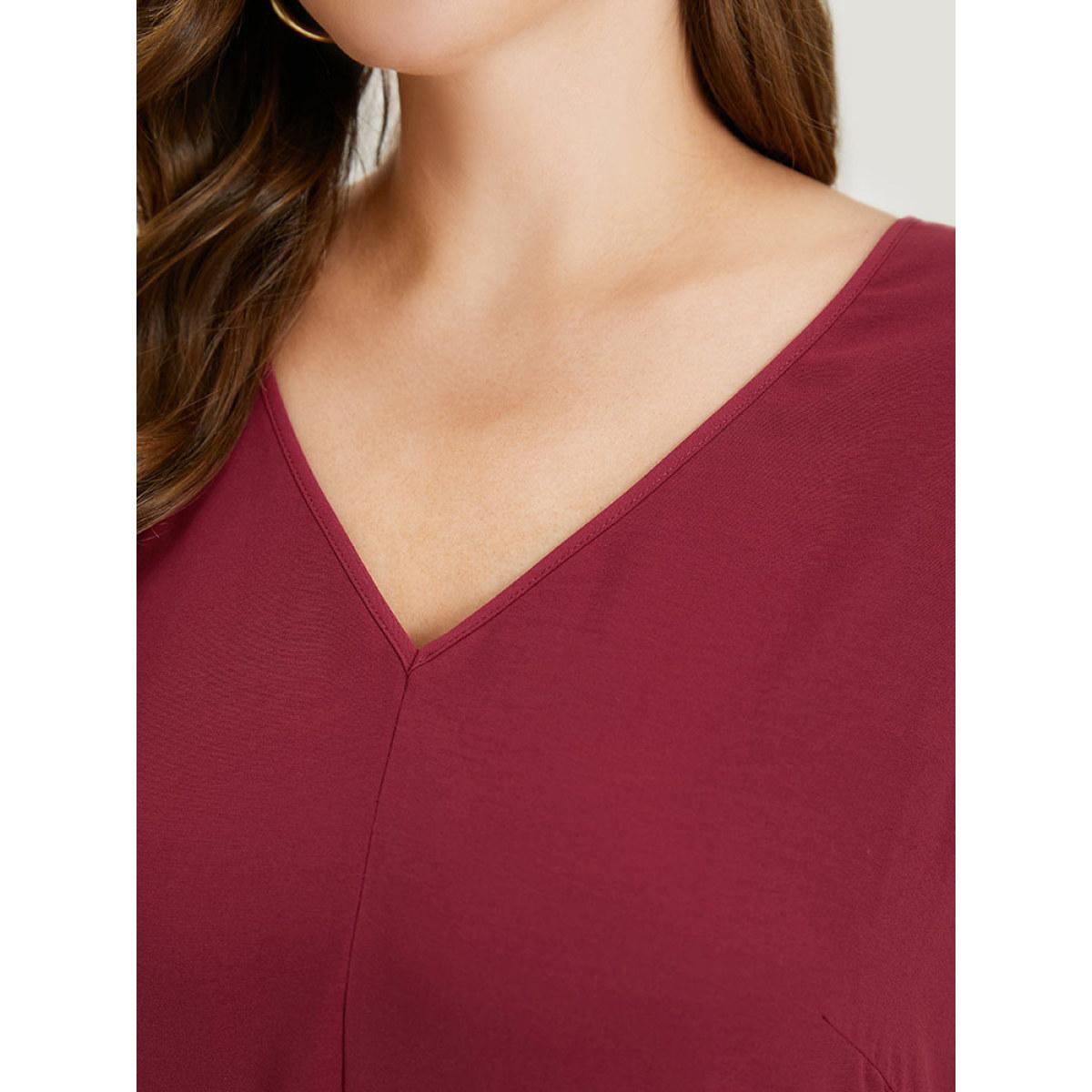 Plus Size Burgundy Plain Ruffle Cap Sleeve V Neck Zipper Jumpsuit Women Casual Cap Sleeve V-neck Dailywear Loose Jumpsuits BloomChic 18-20/2X Product Image