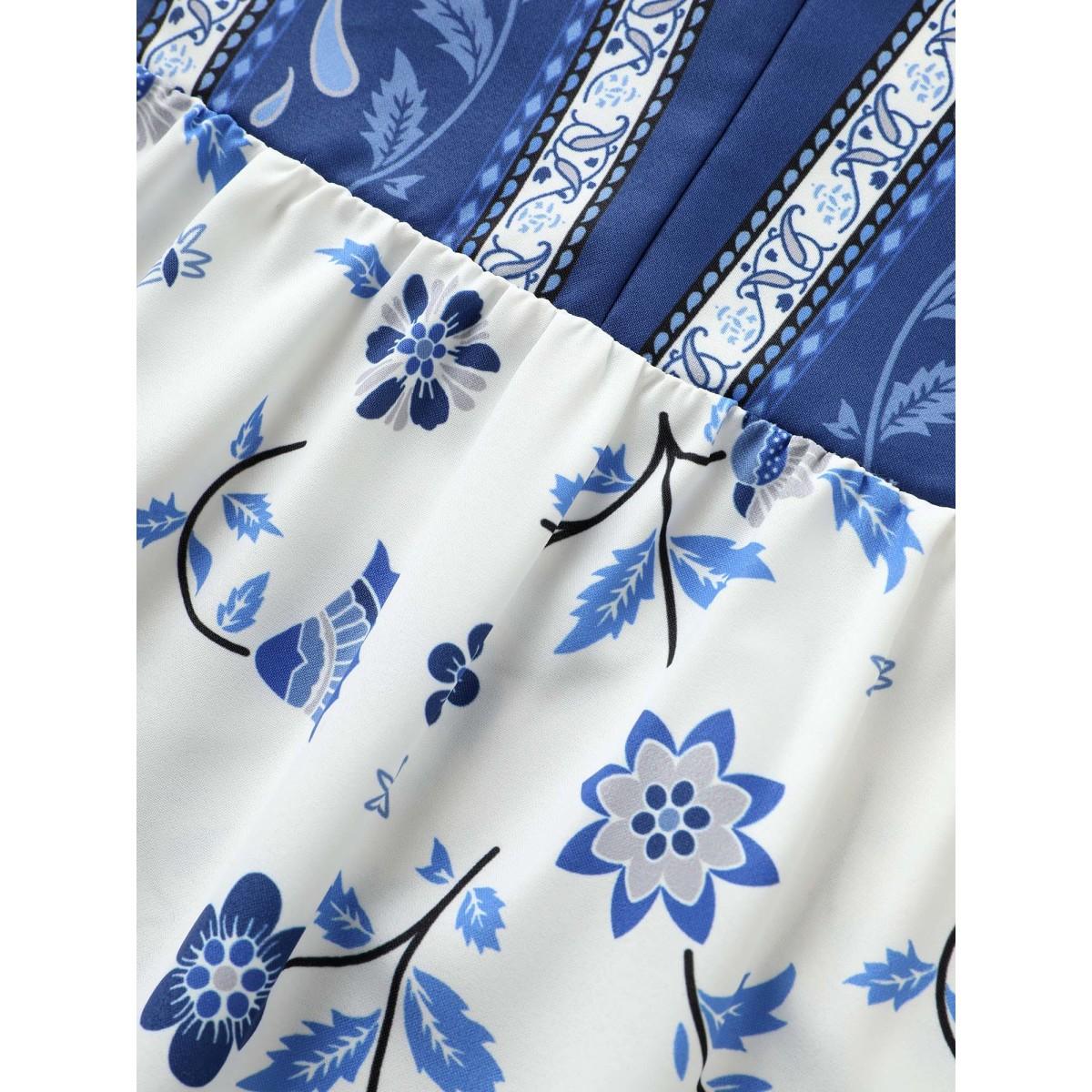 Plus Size Aegean Boho Print Tie Knot Ruffle Sleeve Blouse Women Resort Short sleeve Flat collar with V-notch Vacation Blouses BloomChic 10/M Product Image