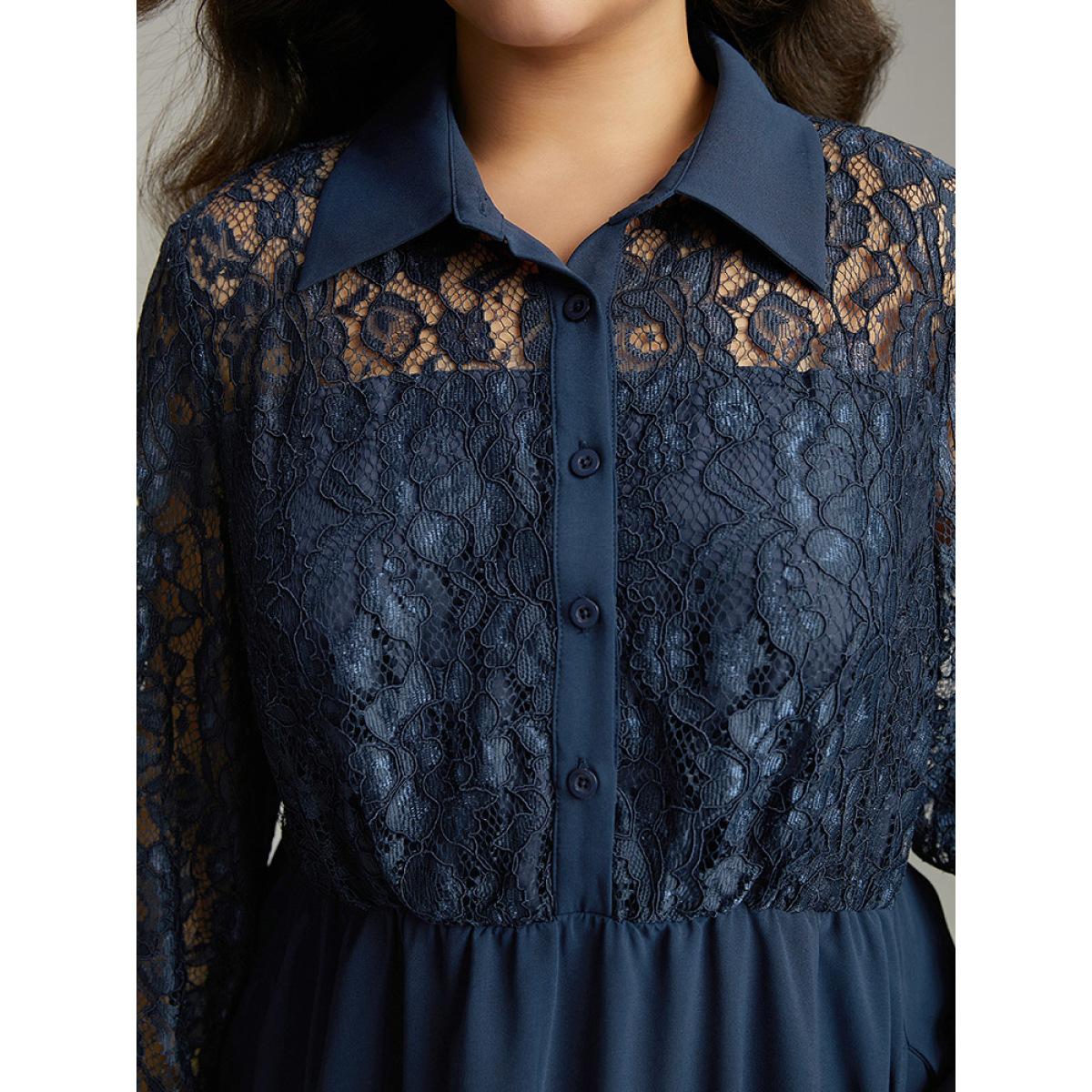 Plus Size Contrast Lace Shirt Collar Ruffle Hem Dress Indigo Women Office Plain Shirt collar Long Sleeve Curvy Midi Dress BloomChic 28/5X Product Image