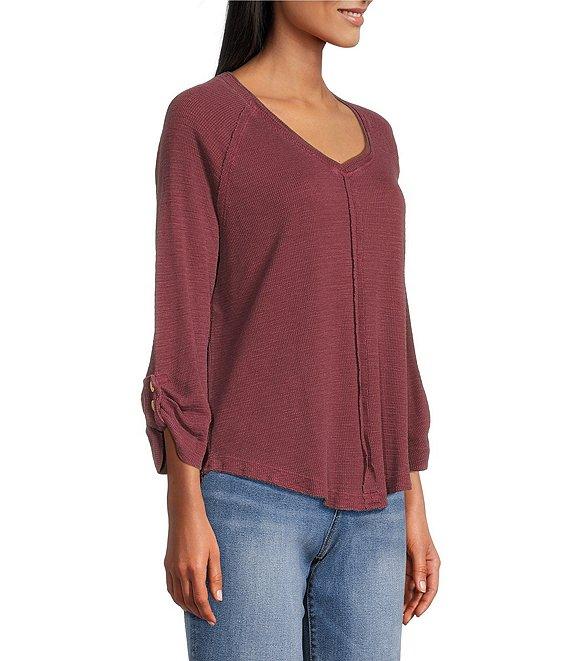 Westbound Petite Size Solid Knit 3/4 Bell Sleeve V-Neck Top Product Image