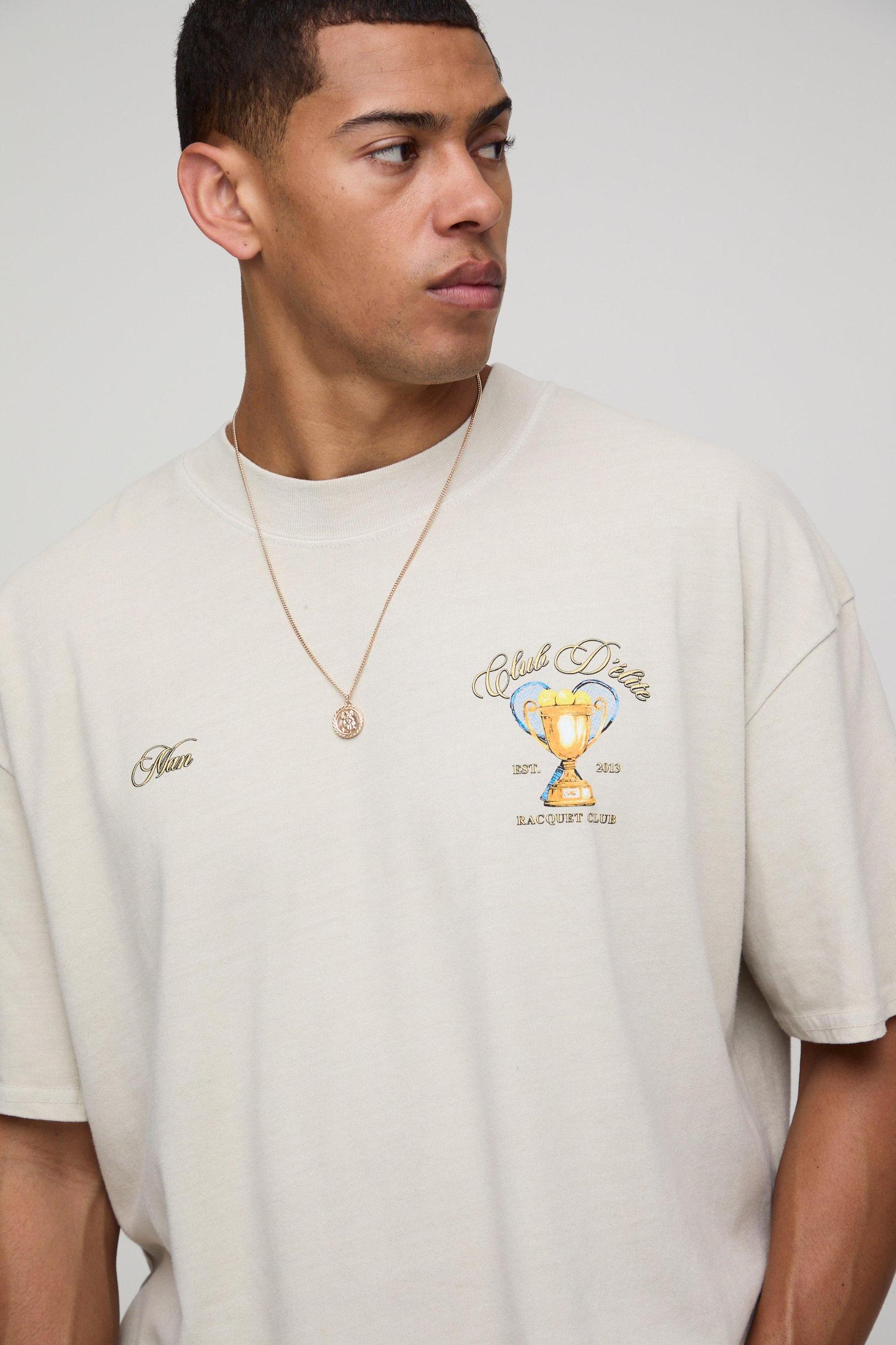 Sand Oversized MAN Club D'Elite Trophy Printed T-Shirt | boohooMAN USA Product Image