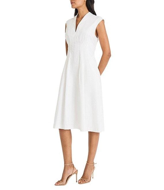 Maggy London V-Neck Sleeveless Plntucked Cotton Poplin Fit & Flare Midi Dress Product Image
