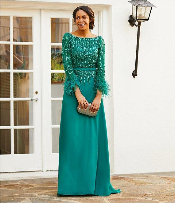 Terani Couture Cascade Beaded Boat Neck Feather Cuff Sleeve Belted A-Line Gown Product Image