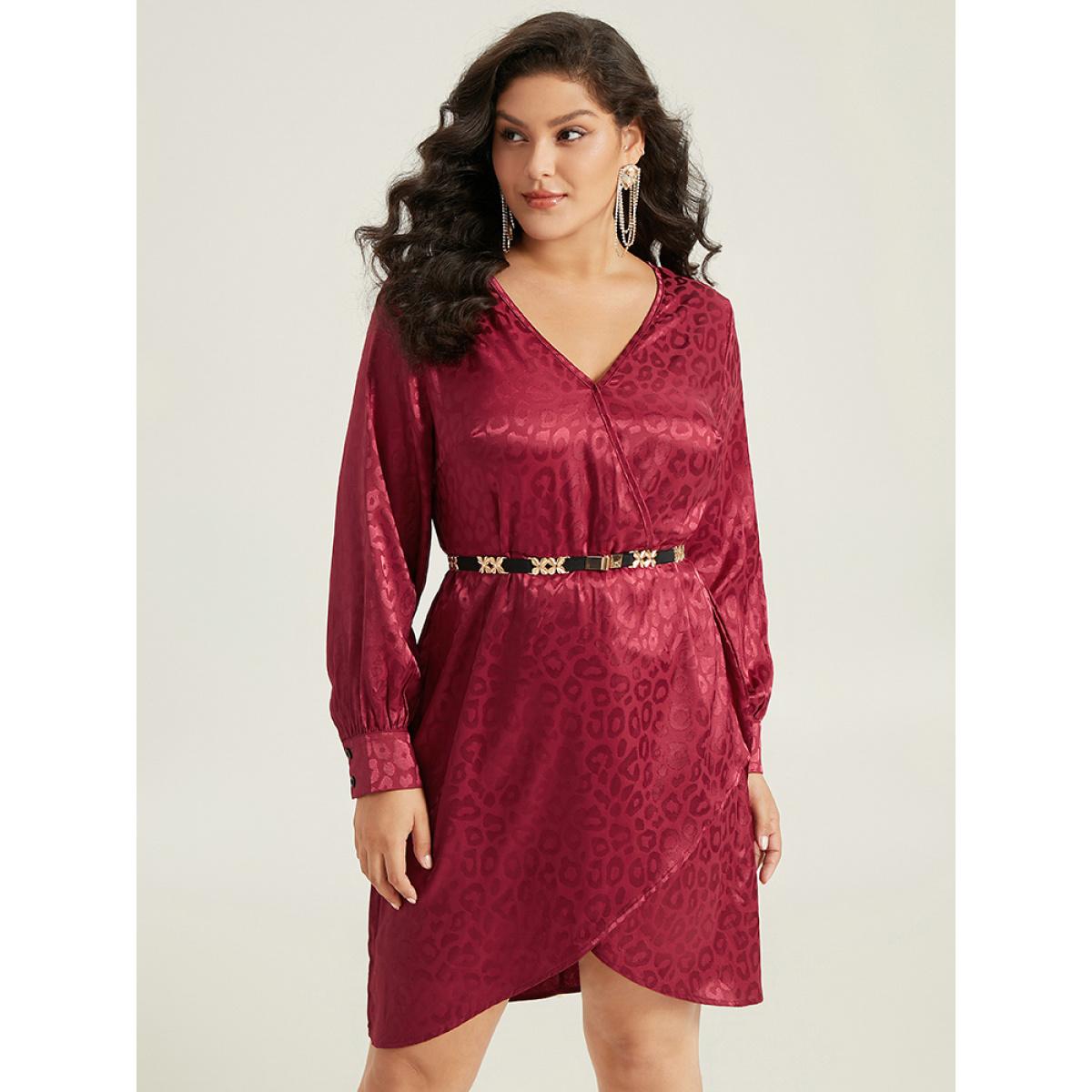 Plus Size Solid V Neck Gathered Wrap Hem Dress Scarlet Women Party Plain V-neck Long Sleeve Curvy Knee Dress BloomChic 18-20/2X Product Image