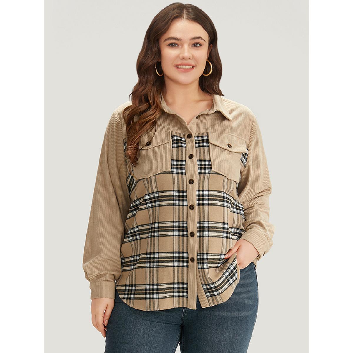 Plus Size Plaid Pocket Button Through Patchwork Shirt Collar Coat Women Tan Texture Pocket Dailywear Jackets BloomChic 12/L Product Image