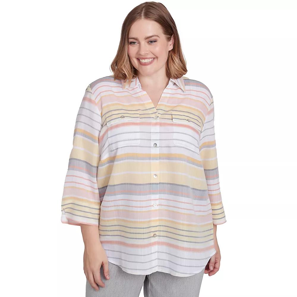 Plus Size Alfred Dunner Button Down Striped Top, Women's, Size: 2XL, Yellow Team Product Image