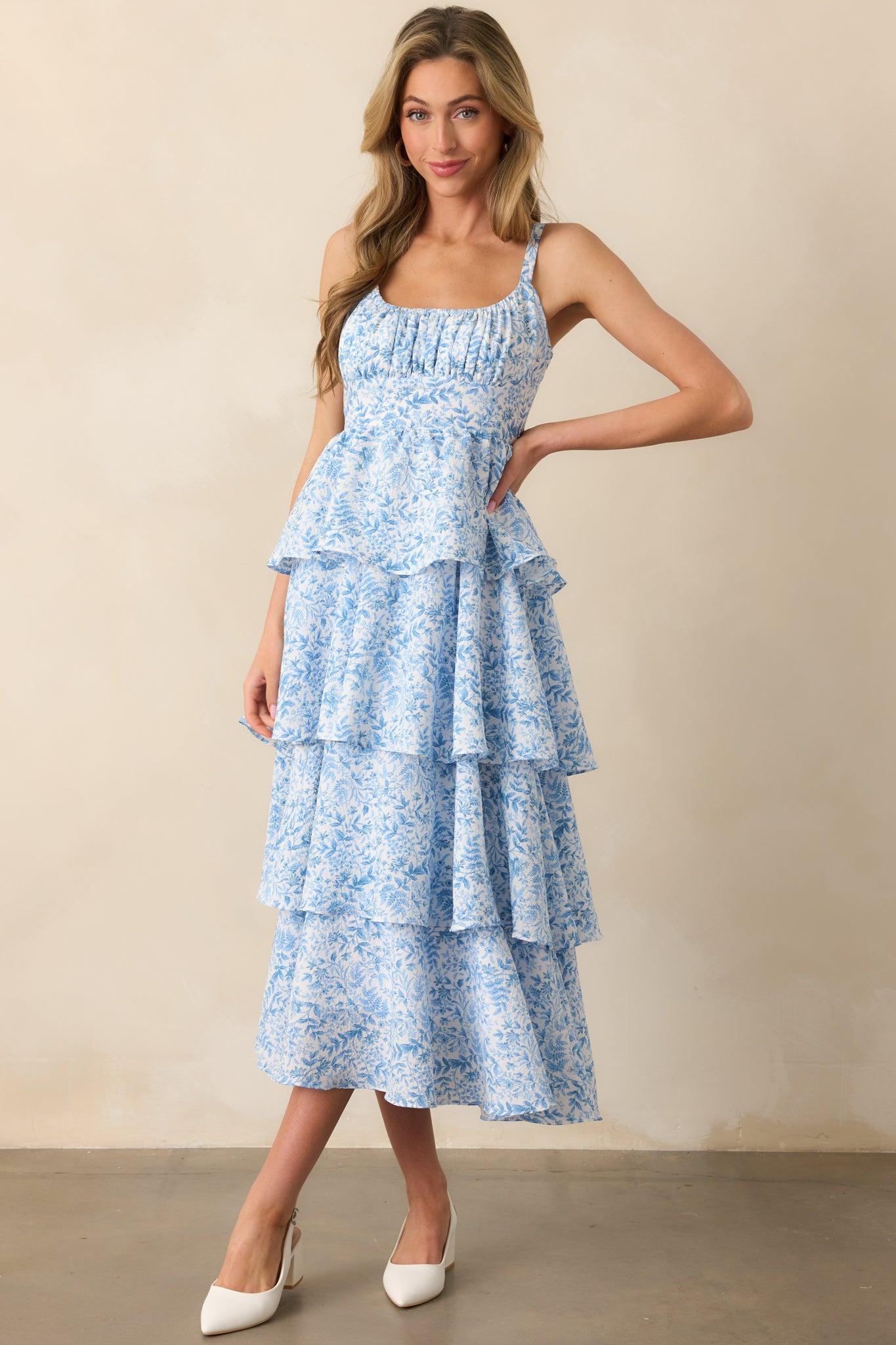 Little Bit Of Sunshine Blue Floral Tiered Maxi Dress Product Image