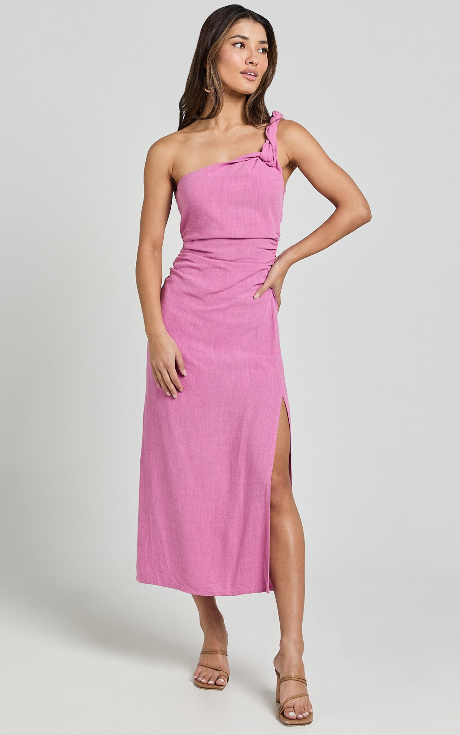 Finley Midi Linen Dress - Linen Feel One Shoulder Ruched Dress in Orchid Product Image
