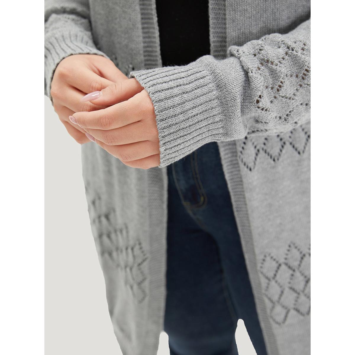 Plus Size Geometric Eyelet Elastic Cuffs Tunic Cardigan DarkGray Women Casual Loose Long Sleeve Dailywear Cardigans BloomChic 26/4X Product Image