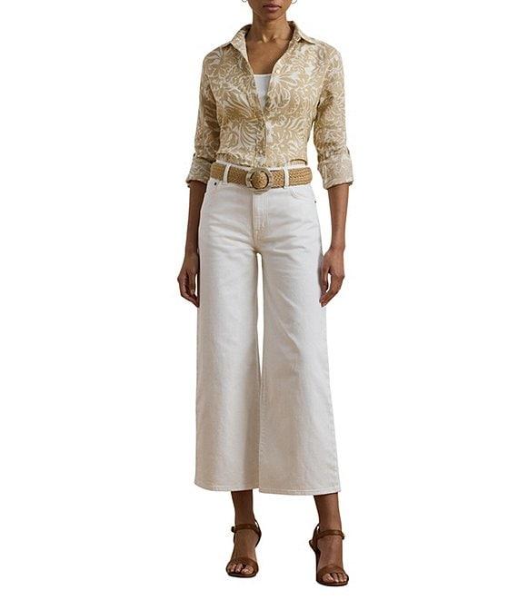 Lauren Ralph Lauren Petite Size Linen Floral Point Collar Long Roll-Tab Sleeve Button Front Shirt Product Image
