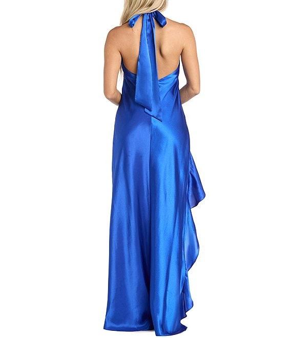 Morgan & Co. Satin Y-Neck Halter Ruffle Dress Product Image