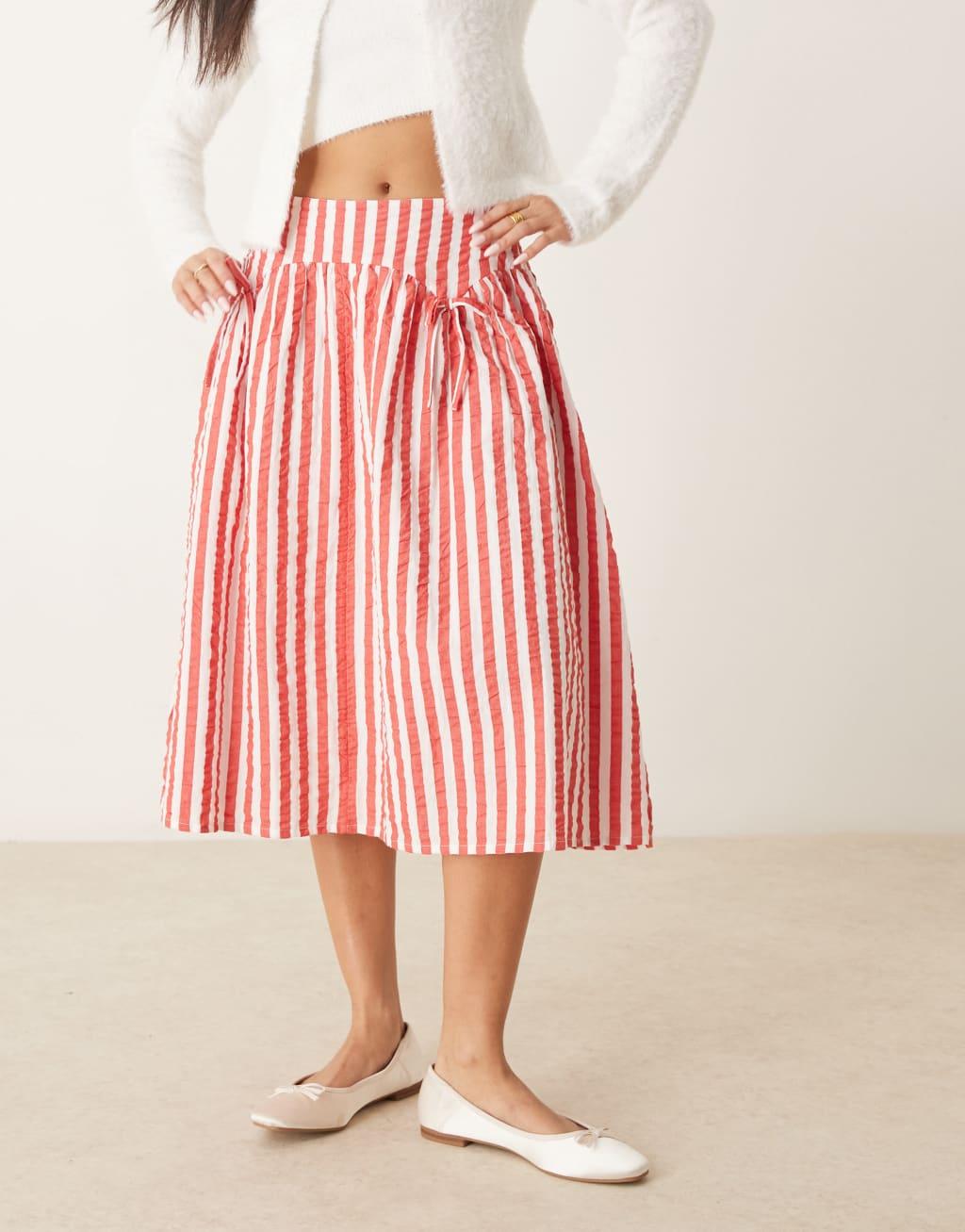 Neon Rose striped volume midi skirt in red Product Image