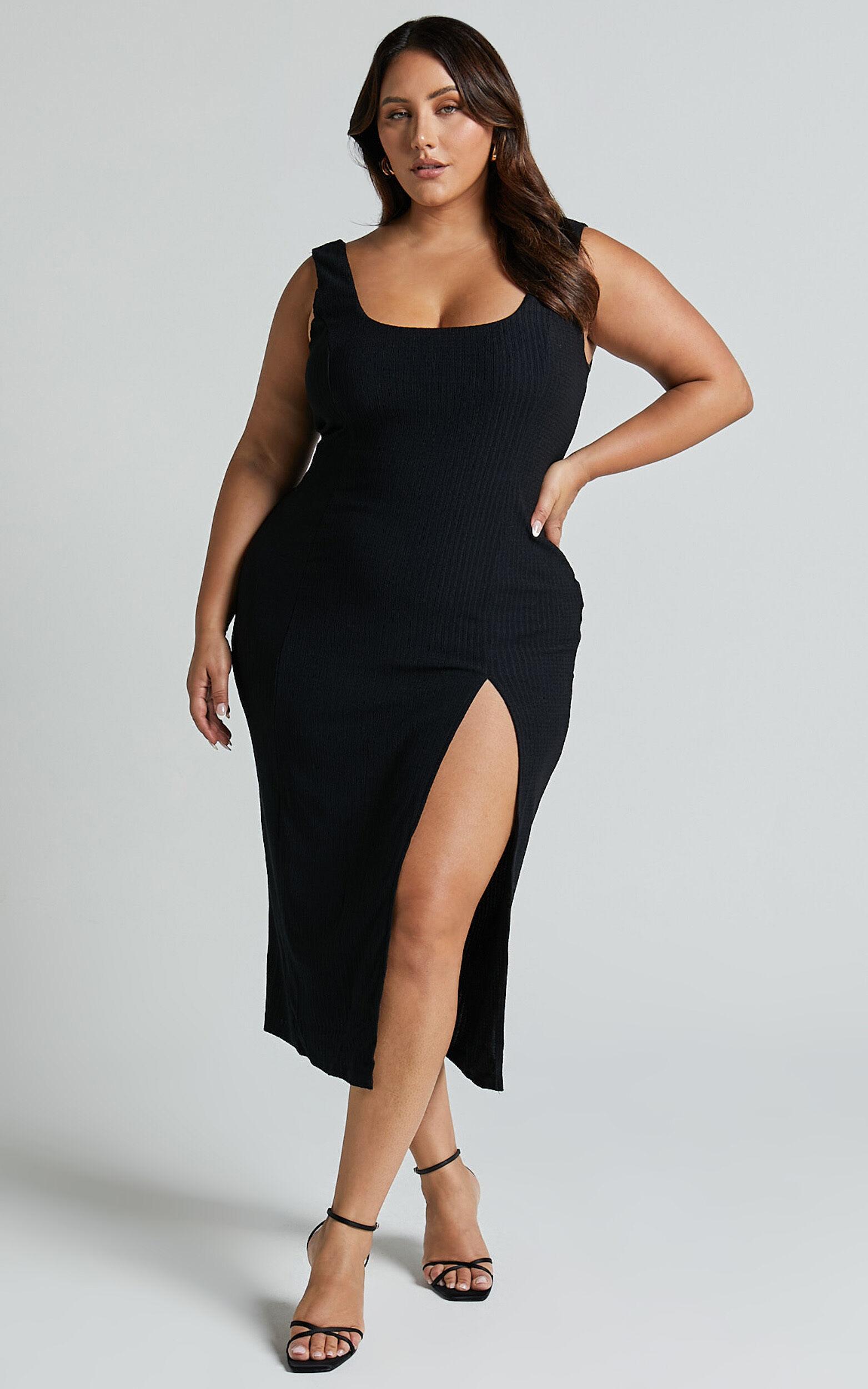 Wilder Midi Dress - Textured Thigh Split Bodycon Dress in Black Product Image