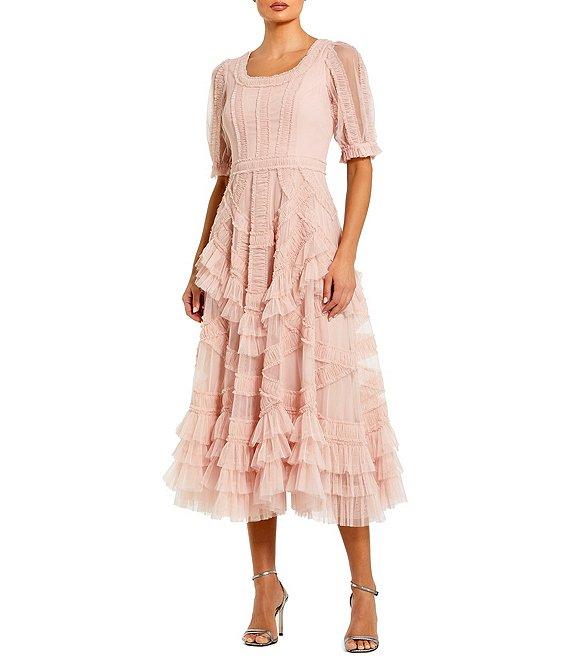 Mac Duggal Short Sleeve Micro Ruffle Mesh Aline Midi Dress Product Image