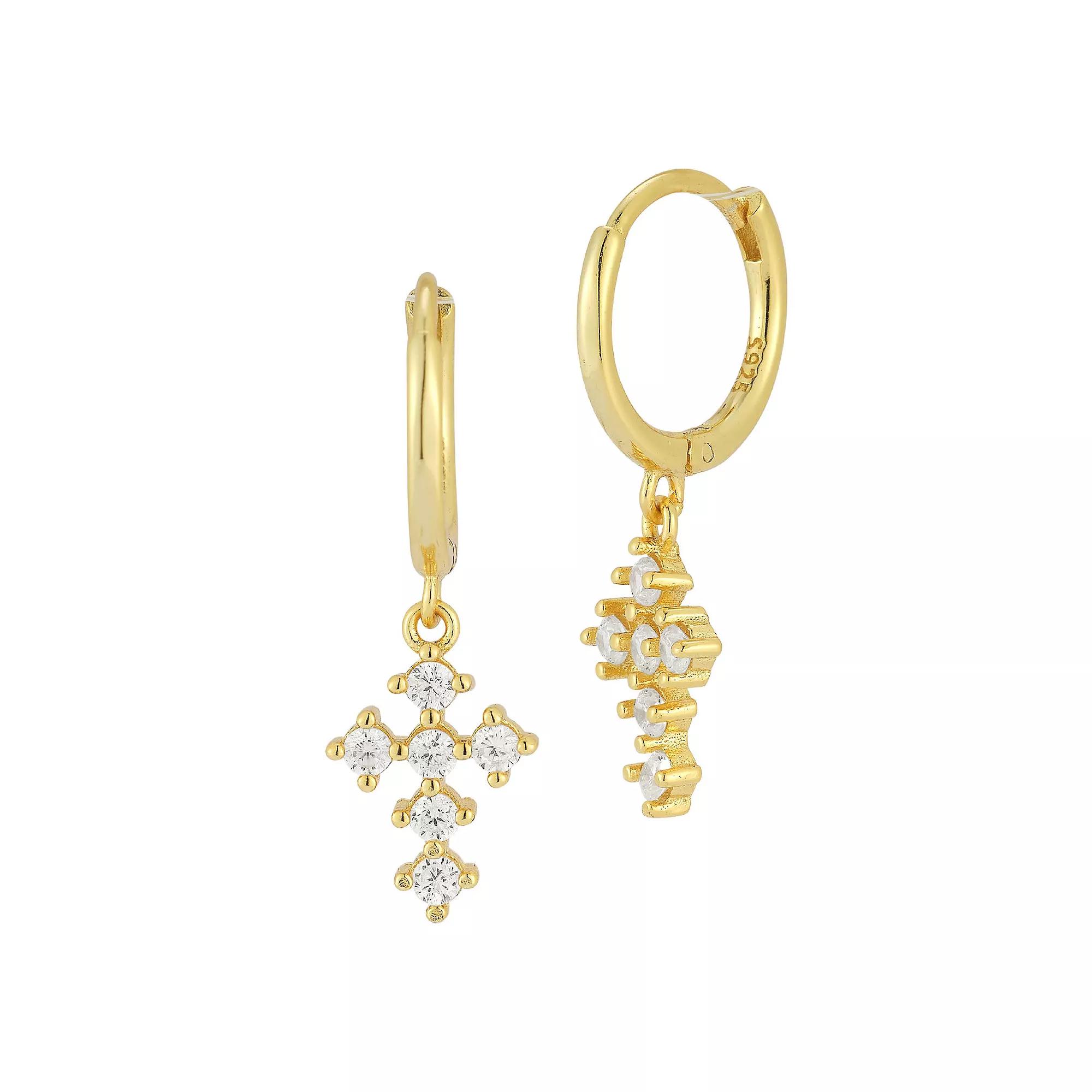 Sunkissed Sterling Cubic Zirconia Cross Charm Huggie Hoop Earrings, Women's, Gold Tone Product Image