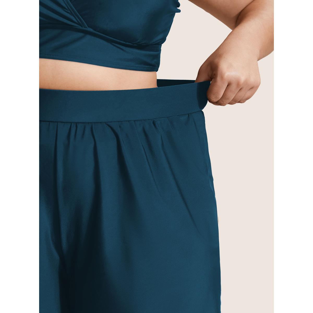 Plus Size High Waisted Pockets Solid Pleated Swim Bottom Women's Swimwear Cyan Resort Gathered High stretch Bodycon High Rise Slanted pocket Curve Swim Bottoms BloomChic 12/L Product Image