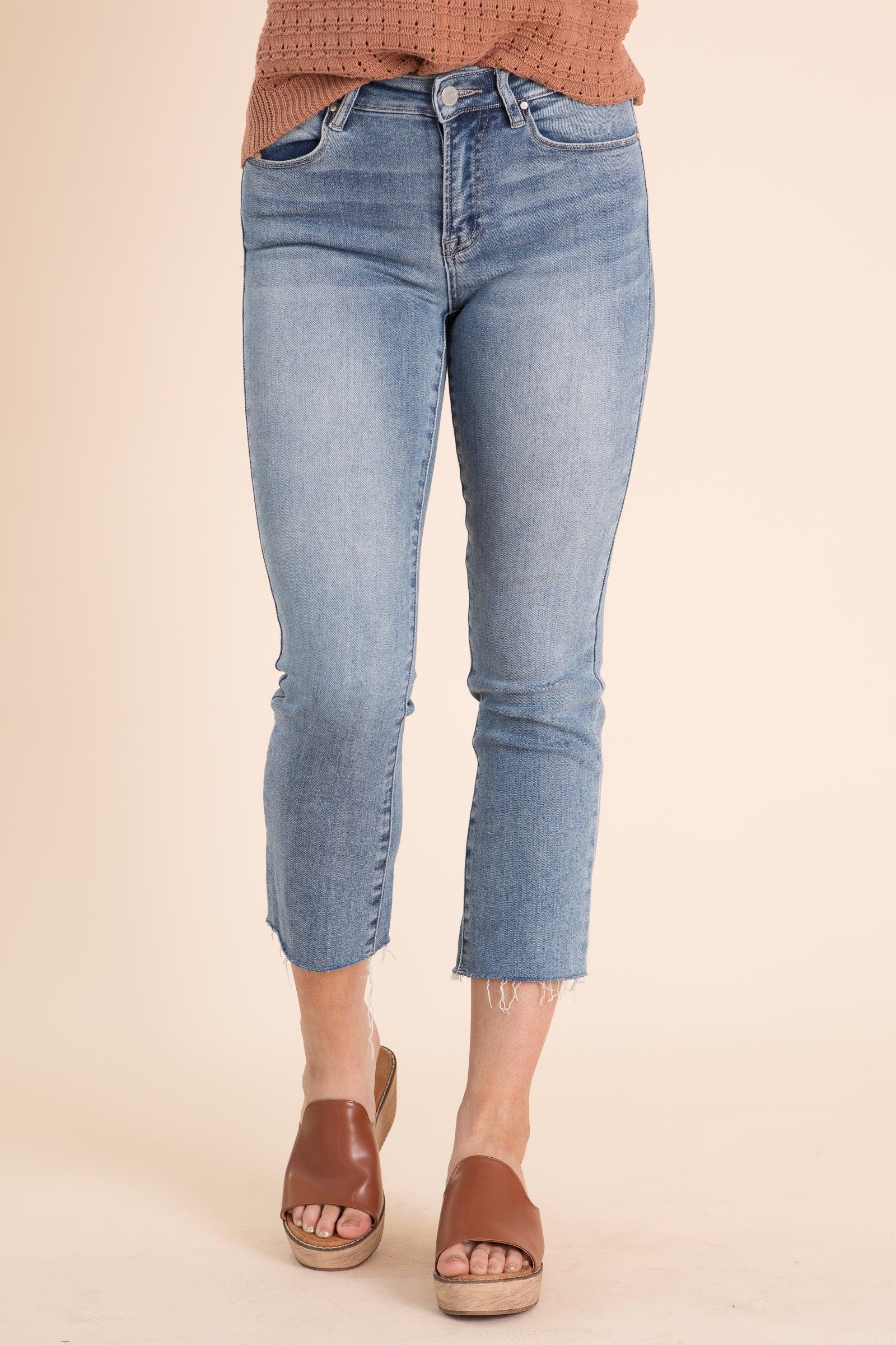 Risen Mid Rise Raw Hem Straight Leg Jeans Product Image