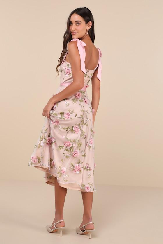 Authentic Sweetness Pink Floral Applique Tie-Strap Midi Dress Product Image