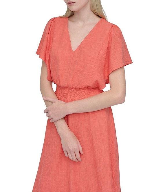 DKNY by Donna Karan V-Neck Flutter Sleeve Smocked Waist Gauze Blouson Midi Dress Product Image