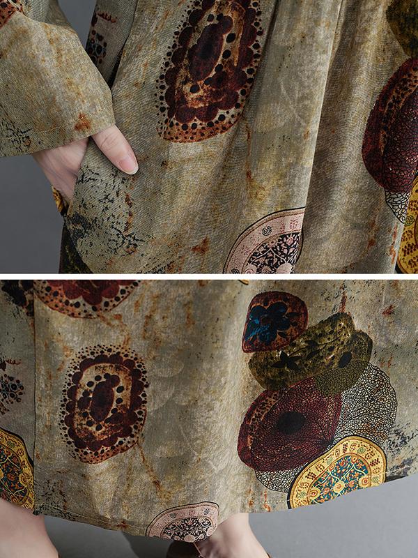 Artistic Retro Loose Long Sleeves Printed Round-Neck Maxi Dresses Product Image