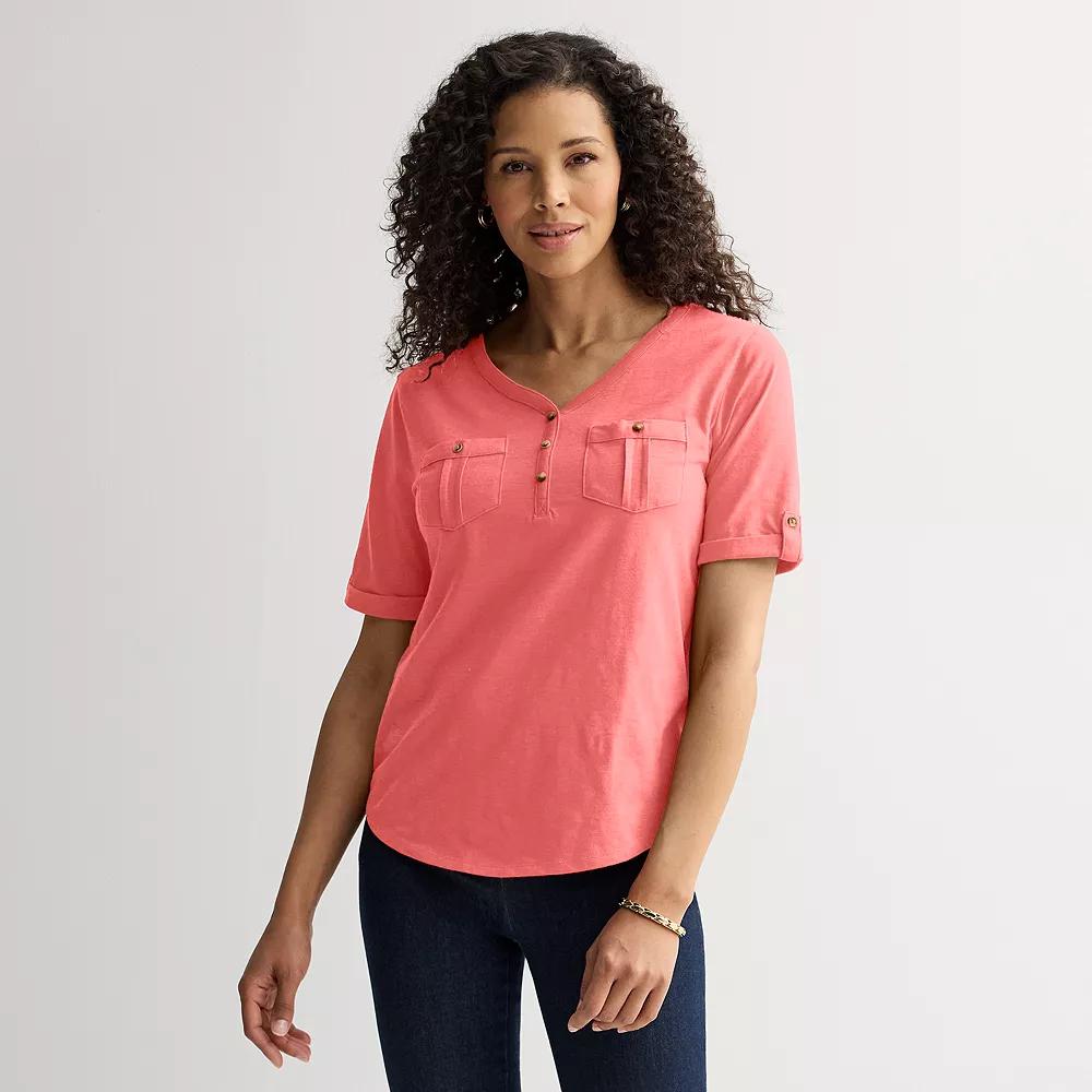 Women's Croft & Barrow® Elbow Sleeve Utility Henley Top, Size: XL, Pink Product Image