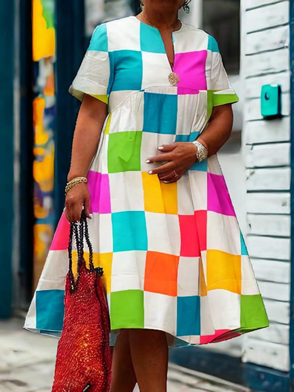 A-Line Loose Contrast Color Plaid Pleated Deep V-Neck Midi Dresses Shirt Dress Product Image