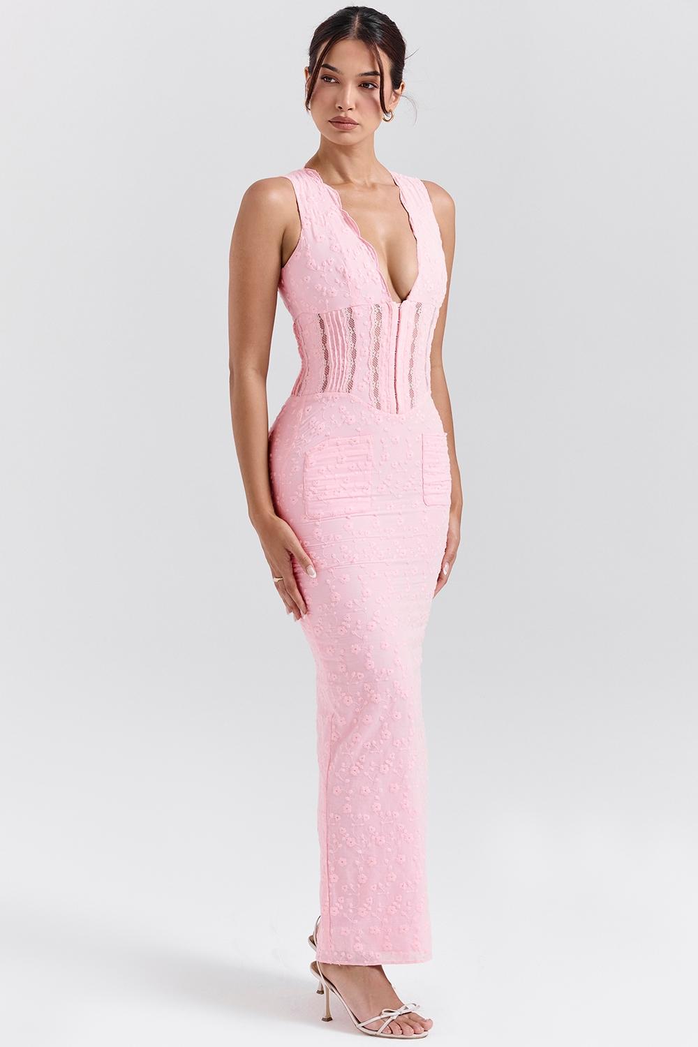 Sophina  perfectly pink broderie anglais plunge maxi dress Product Image