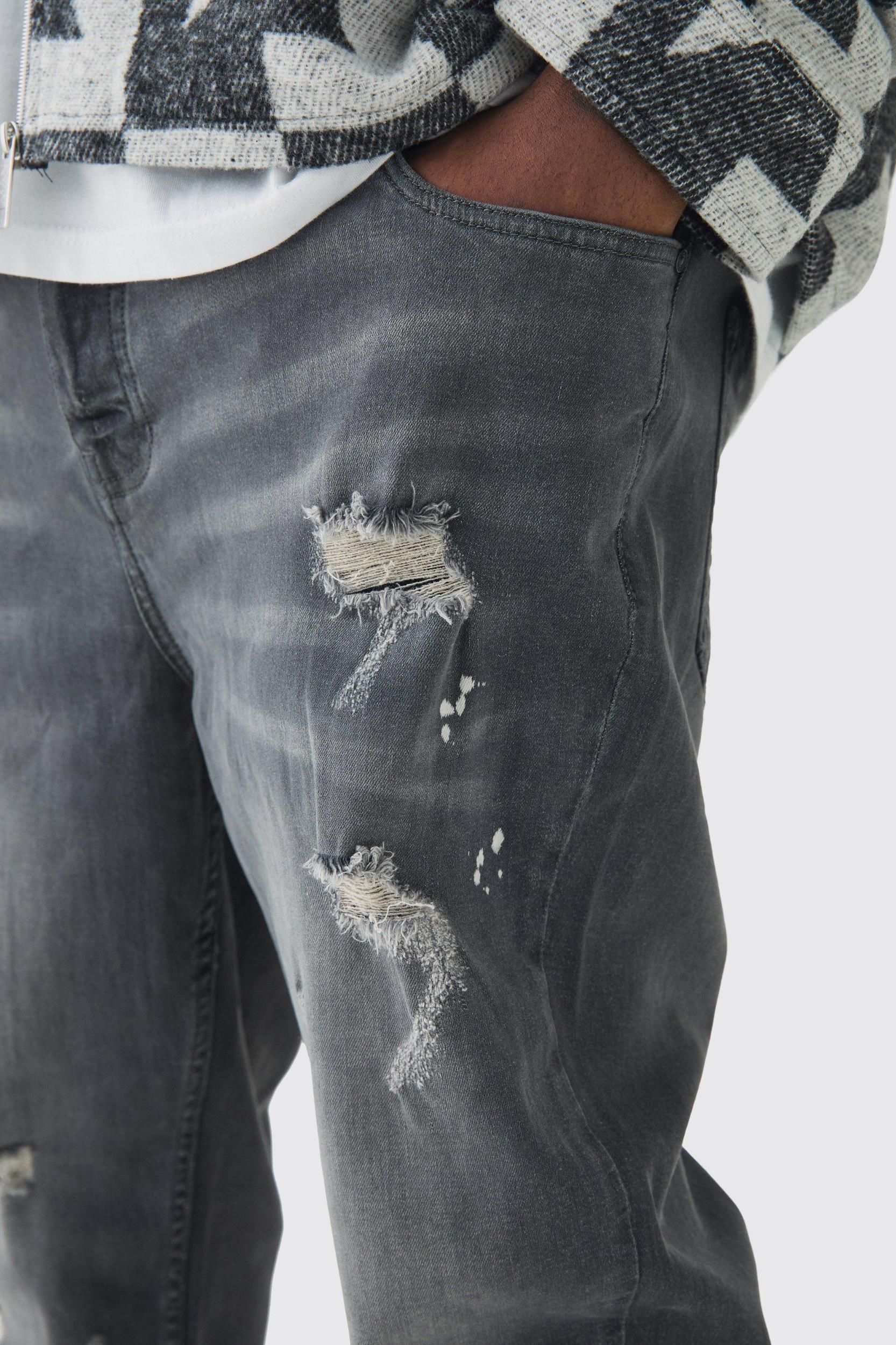 Plus Skinny All Over Ripped Bleached Paint Splatter Jeans | boohooMAN USA Product Image